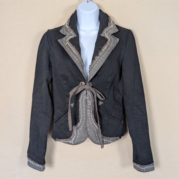 Vintage Y2K Floce Blazer Jacket Sz M Whimsygoth Grunge Dark Academia Tie Front - Picture 1 of 8